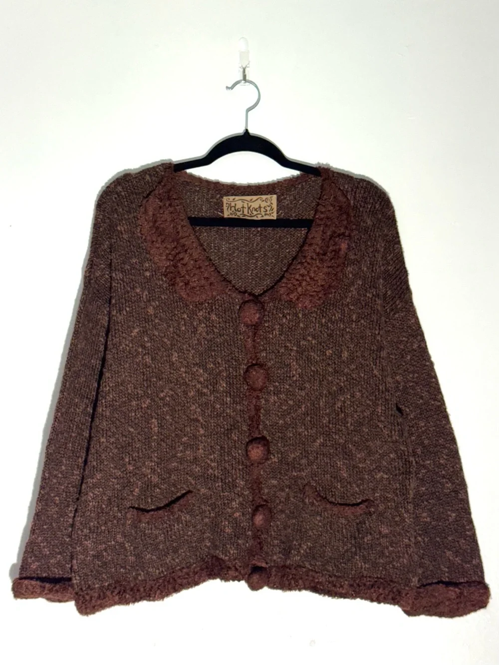 Vintage Y2K Hot Knots Brown Bouclé Knit Cardigan Sweater Oversized Buttons